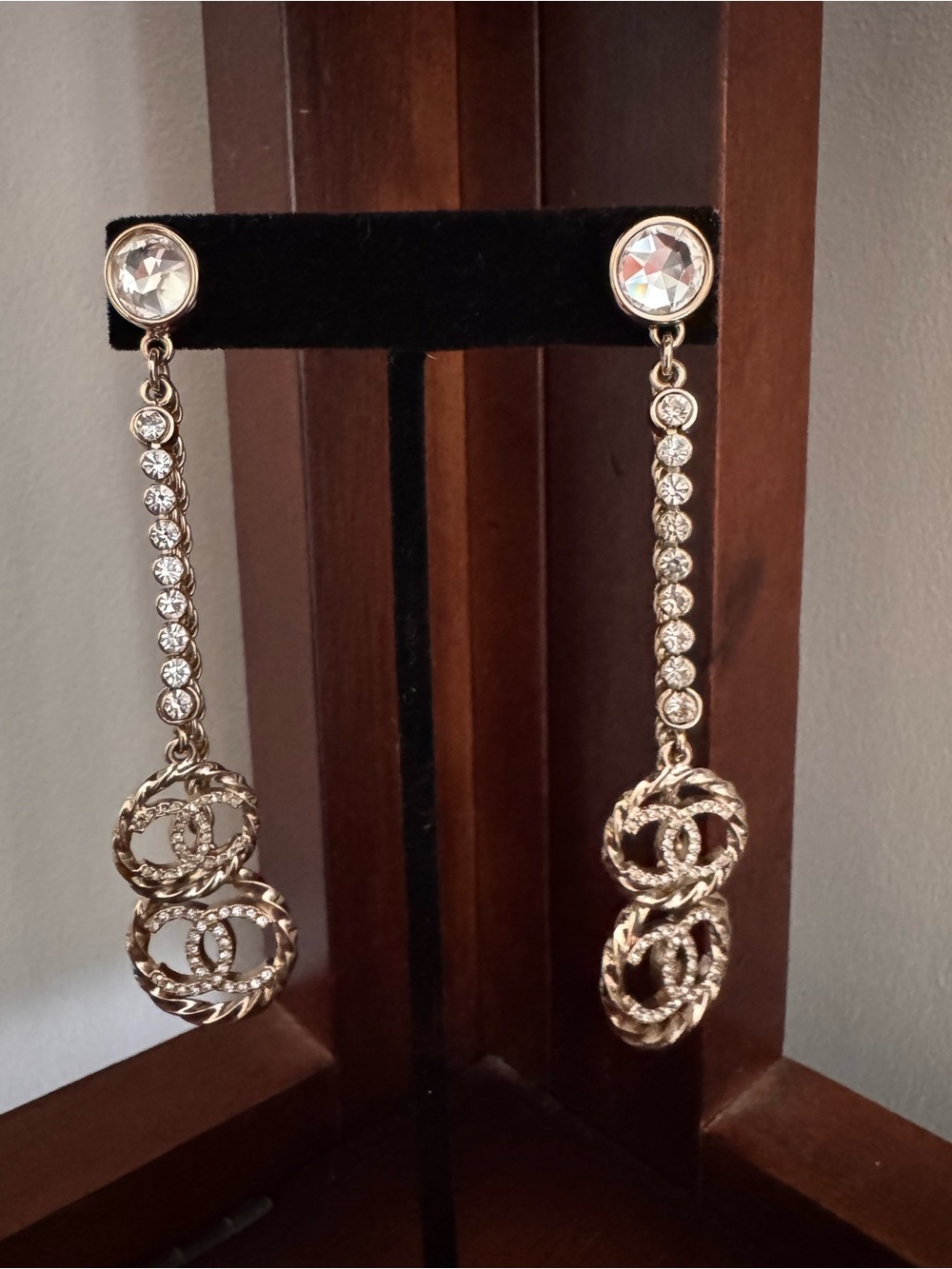 CHANEL Gold Crystal Drop Earrings